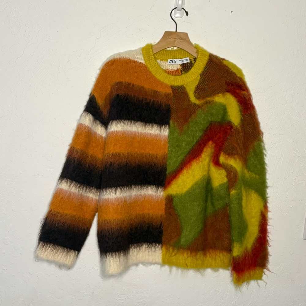 ZARA Womens Abstract Stripe Fuzzy Sweater Oversized Yellow Multi Color Sz S/M TV